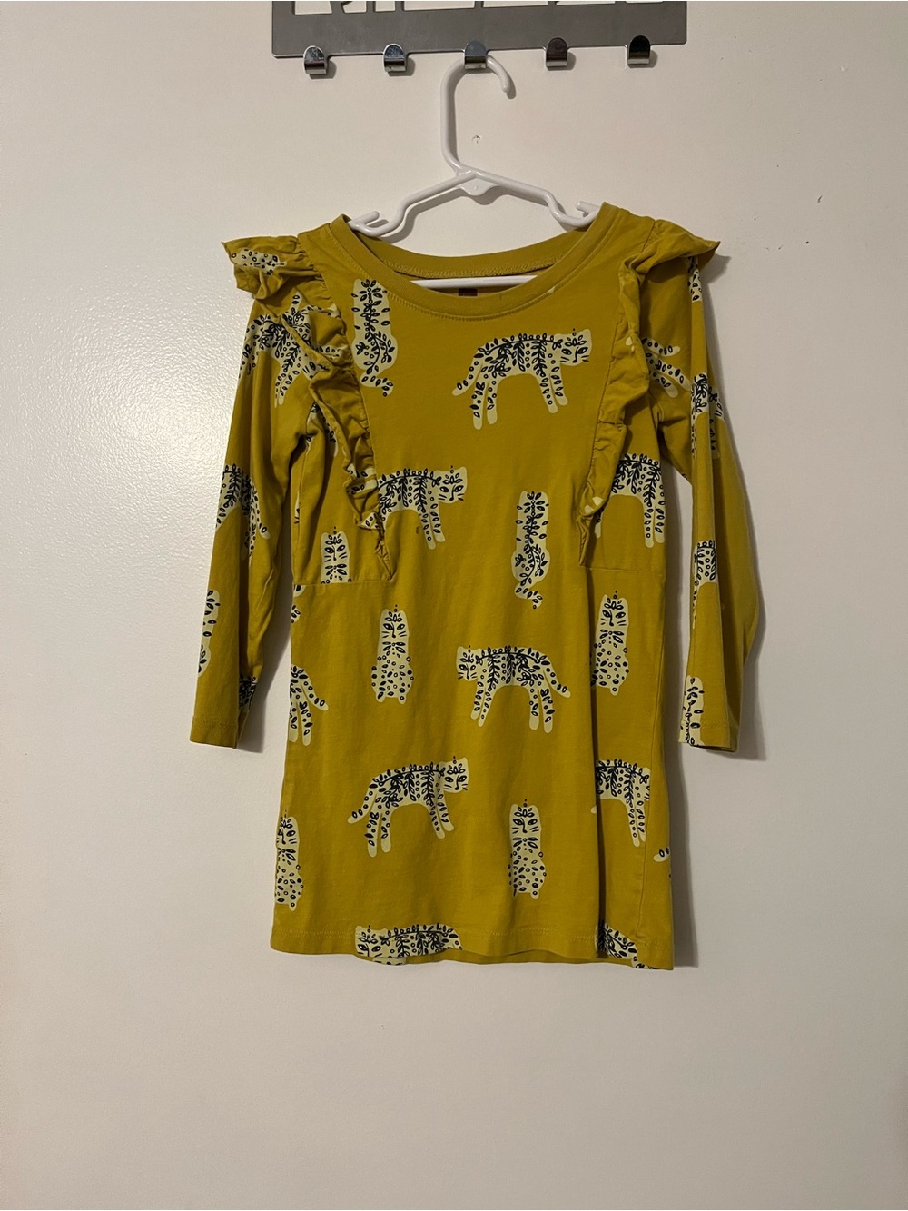 Girls' Mustard Animal Print Ruffle Long-Sleeve Dress